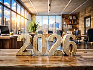 Wooden 2026 numbers on a table, home office background