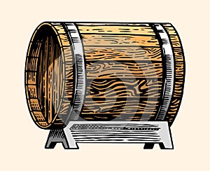 Wooden oak barrel or cask with alcohol. Vessel with wine, brandy or whiskey in vintage style. Hand Drawn engraved sketch