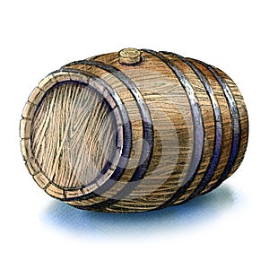 Wooden oak barrel isolated watercolor illustration on white background