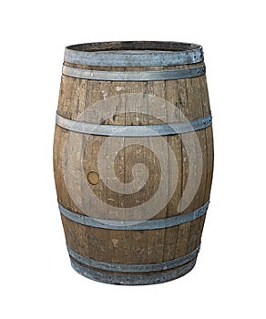 Wooden oak barrel with steel hoops gray, wooden old weathered classic technology wineries