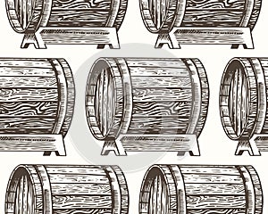 Wooden oak barrels of aged wine or beer. Seamless pattern. Vessels and kegs with alcohol brandy or whiskey. Vintage Cask