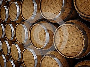 Wooden oak brandy wine beer barrels rows