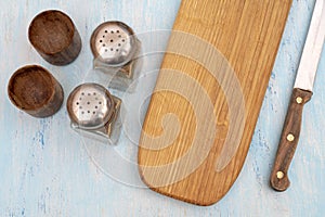 Wooden oak cutting board. Kitchenware.