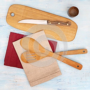 Wooden oak cutting board. Kitchenware. Copy space