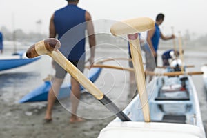 Wooden Oars On Outrigger Canoe