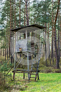 A wooden observation or hunting tower in the middle of a forest