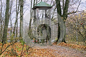 A wooden observation tower in the park in the estate of Count Leo Tolstoy in Yasnaya Polyana