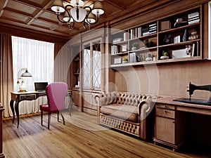 A wooden office cabinet in a classic style with sideboard cabinets with interior decor and a work desk with a soft pink chair