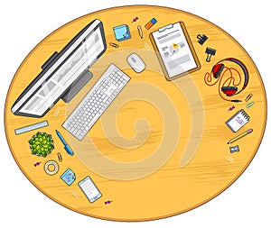 Wooden office desk workspace top view with PC computer and diverse stationery objects for work with copy space for text. All photo