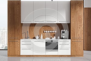 Wooden office kitchen interior with cooking shelves, kitchenware and window