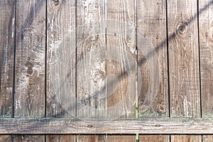 Wooden old fence with scuffs. From vertical boards of brown color.