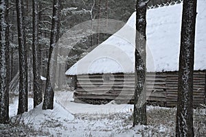 Wooden old house with snow on the roof with small window in the forest in winter