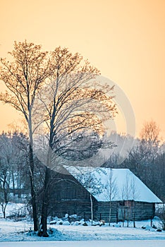 Wooden old house in winter