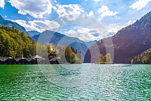 Wooden old houses on the lake, Schoenau am Koenigssee, Konigsee, Berchtesgaden National Park, Bavaria, Germany