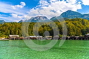 Wooden old houses on the lake, Schoenau am Koenigssee, Konigsee, Berchtesgaden National Park, Bavaria, Germany