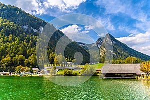 Wooden old houses on the lake, Schoenau am Koenigssee, Konigsee, Berchtesgaden National Park, Bavaria, Germany