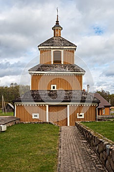 Wooden old Labanoras belfry or bell tower Lithuania photo