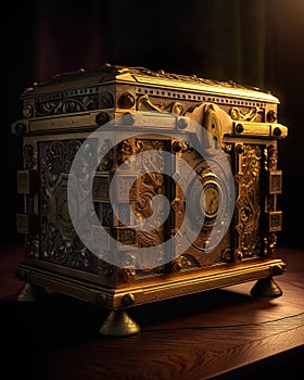 A wooden old middleage chest on a wooden floor