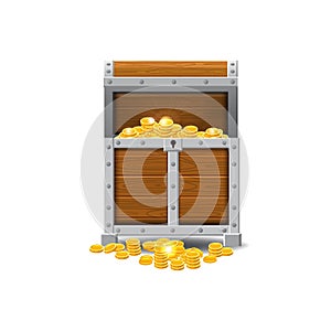 Wooden old pirate chests, full of treasures, gold coins, treasures, vector, cartoon style, illustration, isolated. For