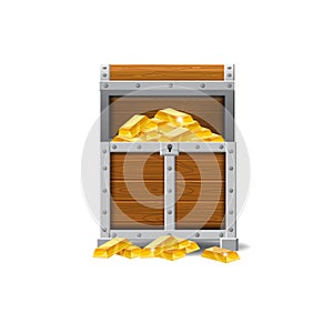 Wooden old pirate chests, full of treasures, gold coins, treasures, vector, cartoon style, illustration, isolated. For