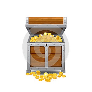 Wooden old pirate chests, full of treasures, gold coins, treasures, vector, cartoon style, illustration, isolated. For