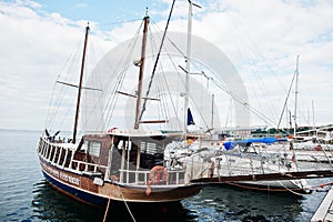 Wooden old sailing ship stay on dock