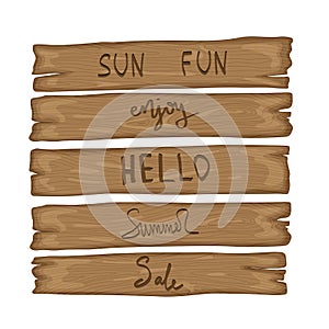 Wooden old sign in retro cartoon style isolated on white background. Enjoy, hello, summer, sale, sun, fun