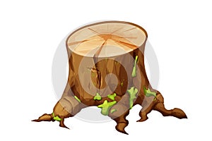 Wooden old stump forest tree trunk with roots, moss cut section in cartoon style isolated. Plant detailed.