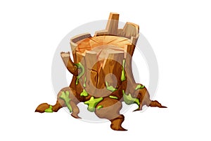 Wooden old stump forest tree trunk with roots, moss cut section in cartoon style isolated. Plant detailed.