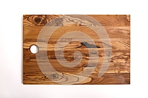 Wooden olive cutting board on white background for kitchen works