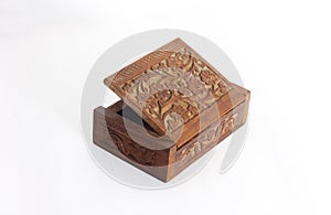 Wooden open carved box handmade. Patterns of Indian culture in the form of New Age Source The Carved Wood Box Flower of Life.