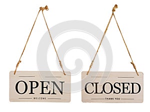 Wooden Open or Closed Shop Door Hanging Sign for Cafe Restaurant - Opening Time isolated on white background