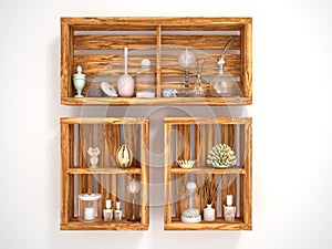 Wooden open shelves with decorative objects.