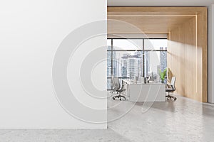 Wooden open space office interior with blank white wall