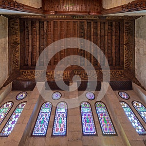 Wooden ornate ceiling with floral pattern decorations and colorful stained glass windows, Sultan al Ghuri Mausoleum, Cairo, Egypt