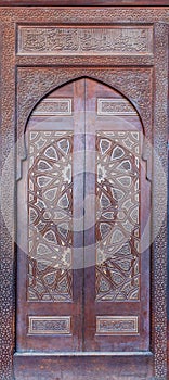 Wooden ornate door of platform f the Mosque of Al Nasir Mohammad Ibn Qalawun at the Citadel of Cairo, Egypt