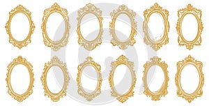 Wooden ornate oval frames. Royal carving ornament golden borders, decorative wood carved gold museum luxury framings on