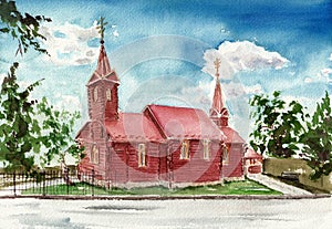 Wooden orthodox temple in Ukraine in red colors. Hand drawn watercolors on paper textures. Bitmap