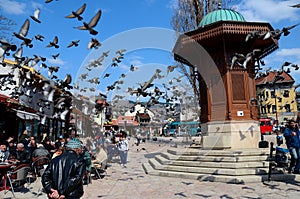 Wooden Ottoman Sebilj water fountain in Sarajevo Bascarsija Bosnia