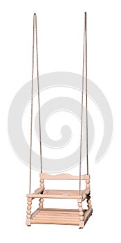 Wooden outdoor baby swing. Isolated on white background