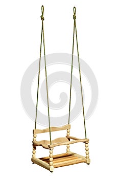 Wooden outdoor baby swing. Isolated on white background