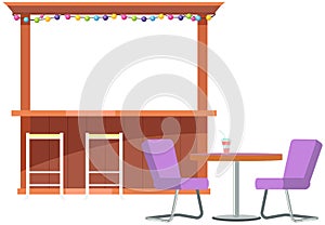 Wooden outdoor bar, street cafe with table and chairs. Bar counters for outdoor usage with seating