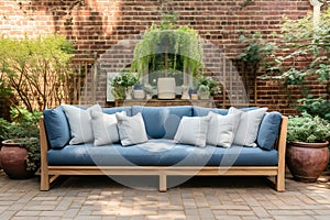 Wooden outdoor couch with blue and white textile cushions. Green potted plants. Georgian style residential house