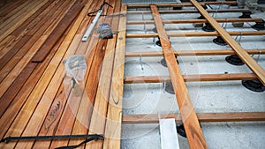 Wooden outside deck construction in progress