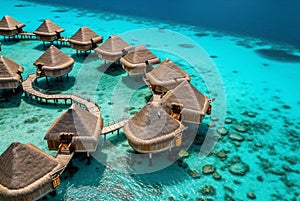 Wooden overwater villas in clear turquoise water. Generative AI