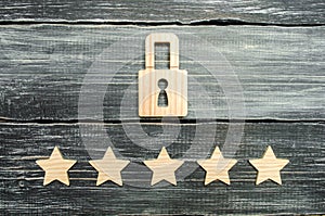 A wooden padlock and five stars. Security, security of users and business. Internet security, antivirus, data protection. Alarms o
