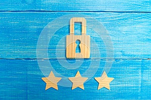 Wooden padlocks and three stars. Security, security of users and business. Internet security, antivirus, data protection. Alarms o