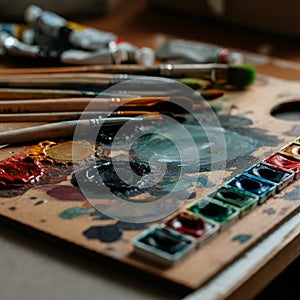 AI-Generated Image: Painter\'s Palette with Paint Colors and Brushes photo