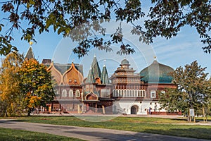 Wooden palace of Tsar Alexei Mikhailovich in Kolomenskoye park on autumn. Moscow. Russia