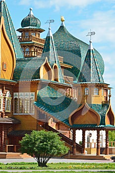 Wooden palace of tzar Aleksey Mikhailovich in Kolomenskoe reconstruction, Moscow, Russia